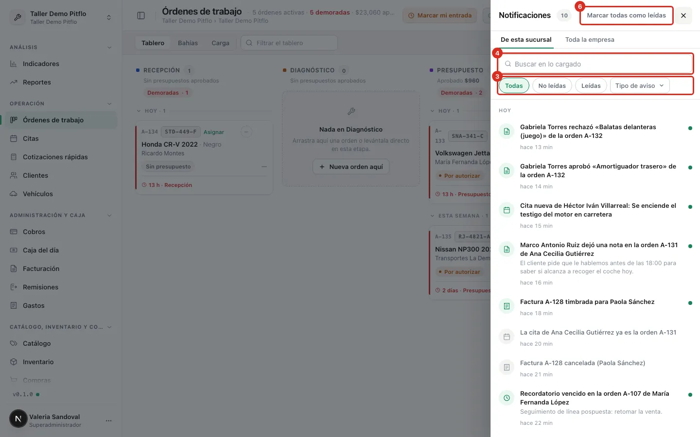 La bandeja de avisos abierta