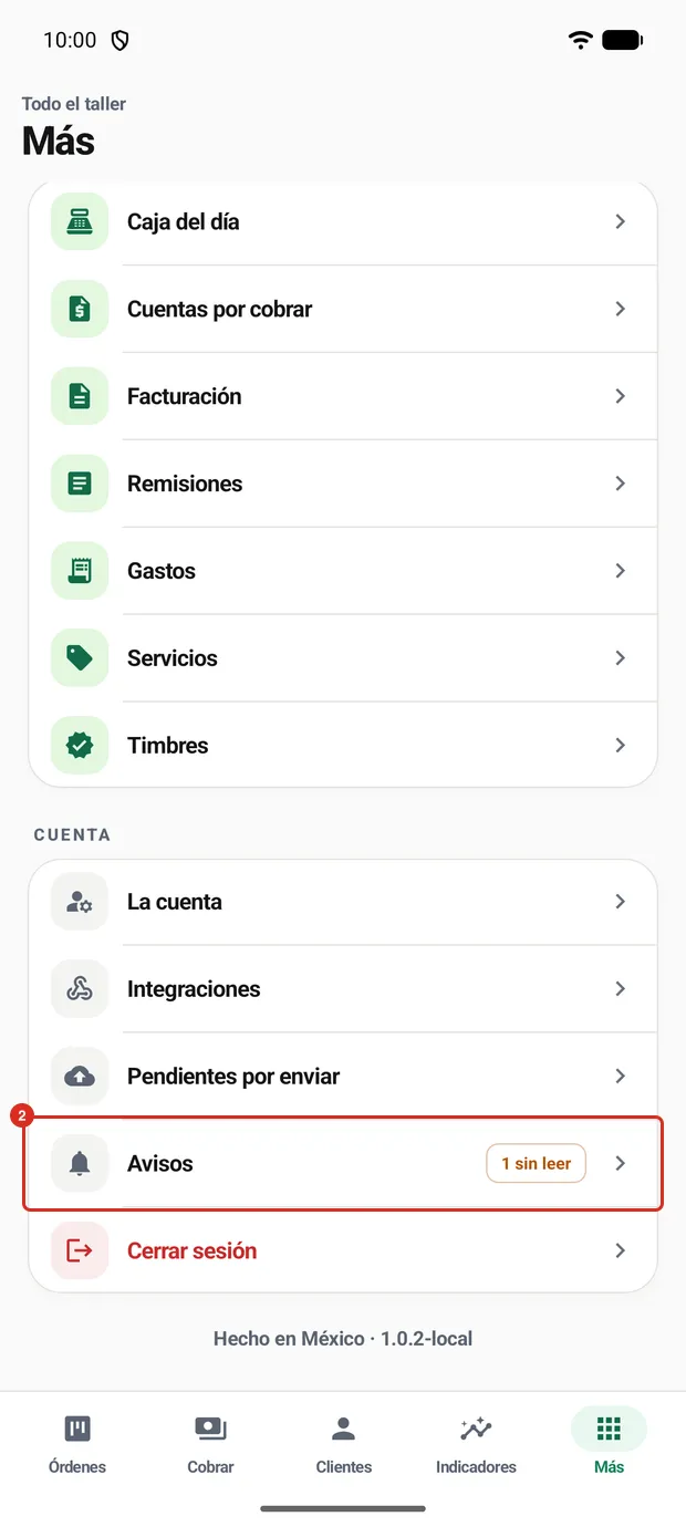 El renglón Avisos en el menú Más