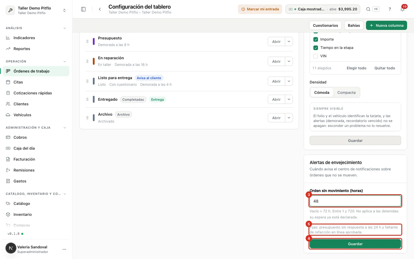 El panel Alertas de envejecimiento
