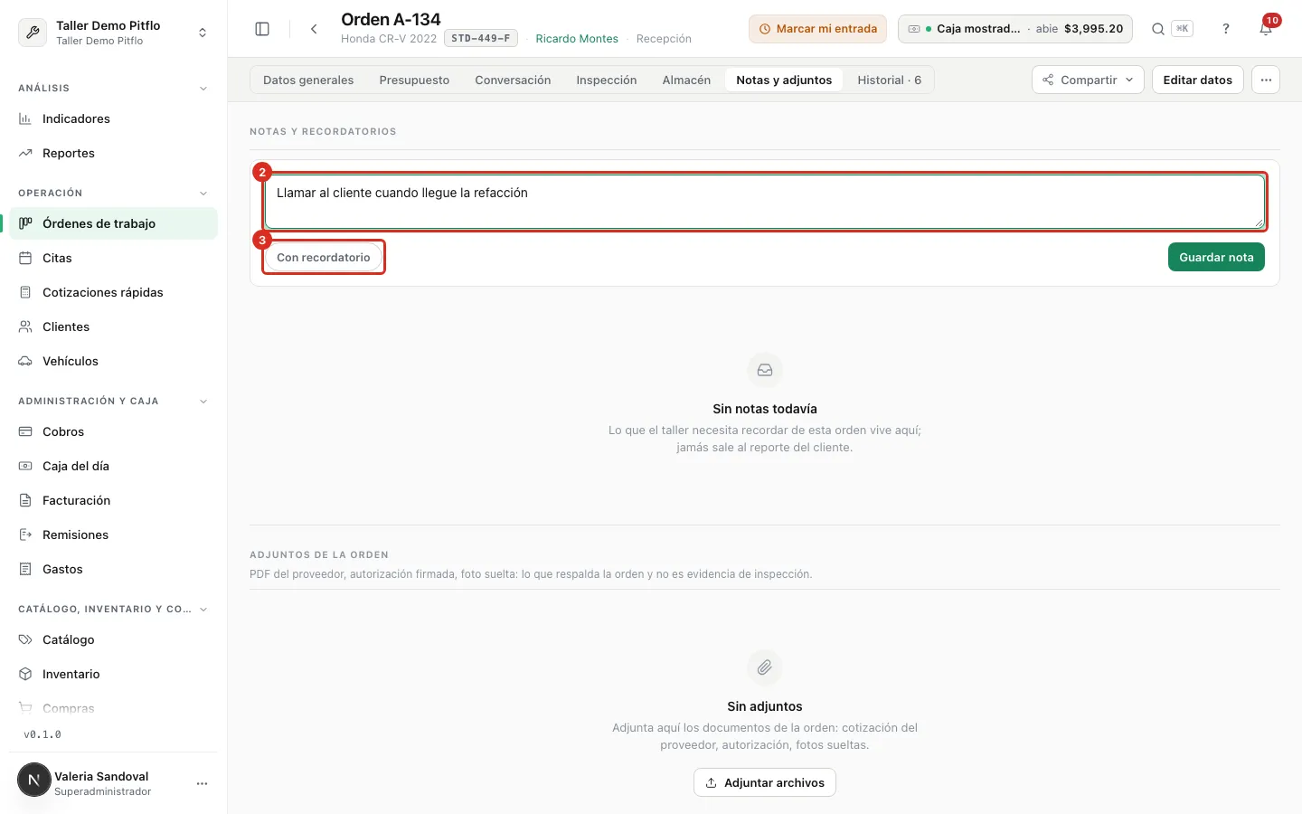 Cuadro de la nota y botón Con recordatorio