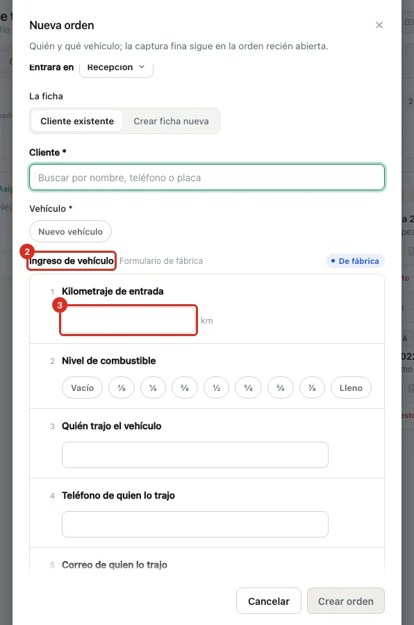 La sección Ingreso de vehículo en Nueva orden
