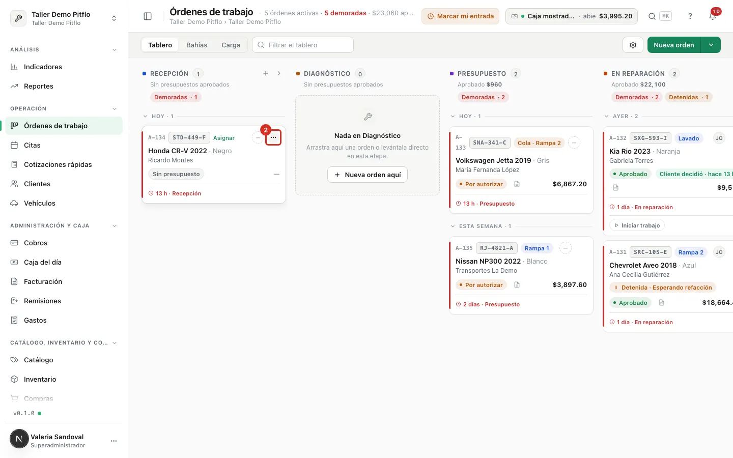 El menú de la tarjeta