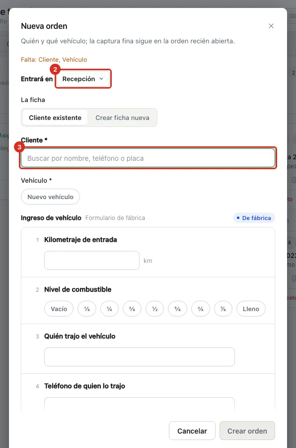 La ficha de la orden nueva