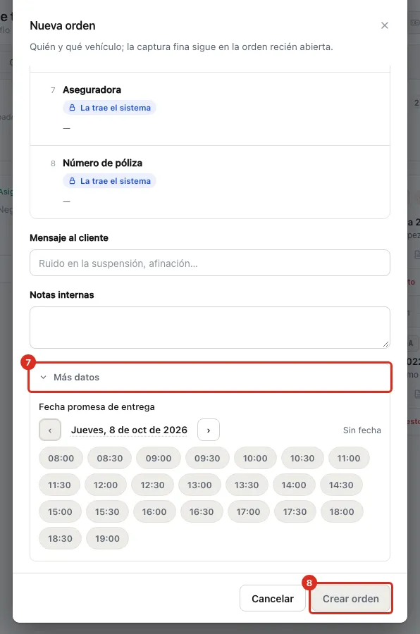 Más datos y Crear orden