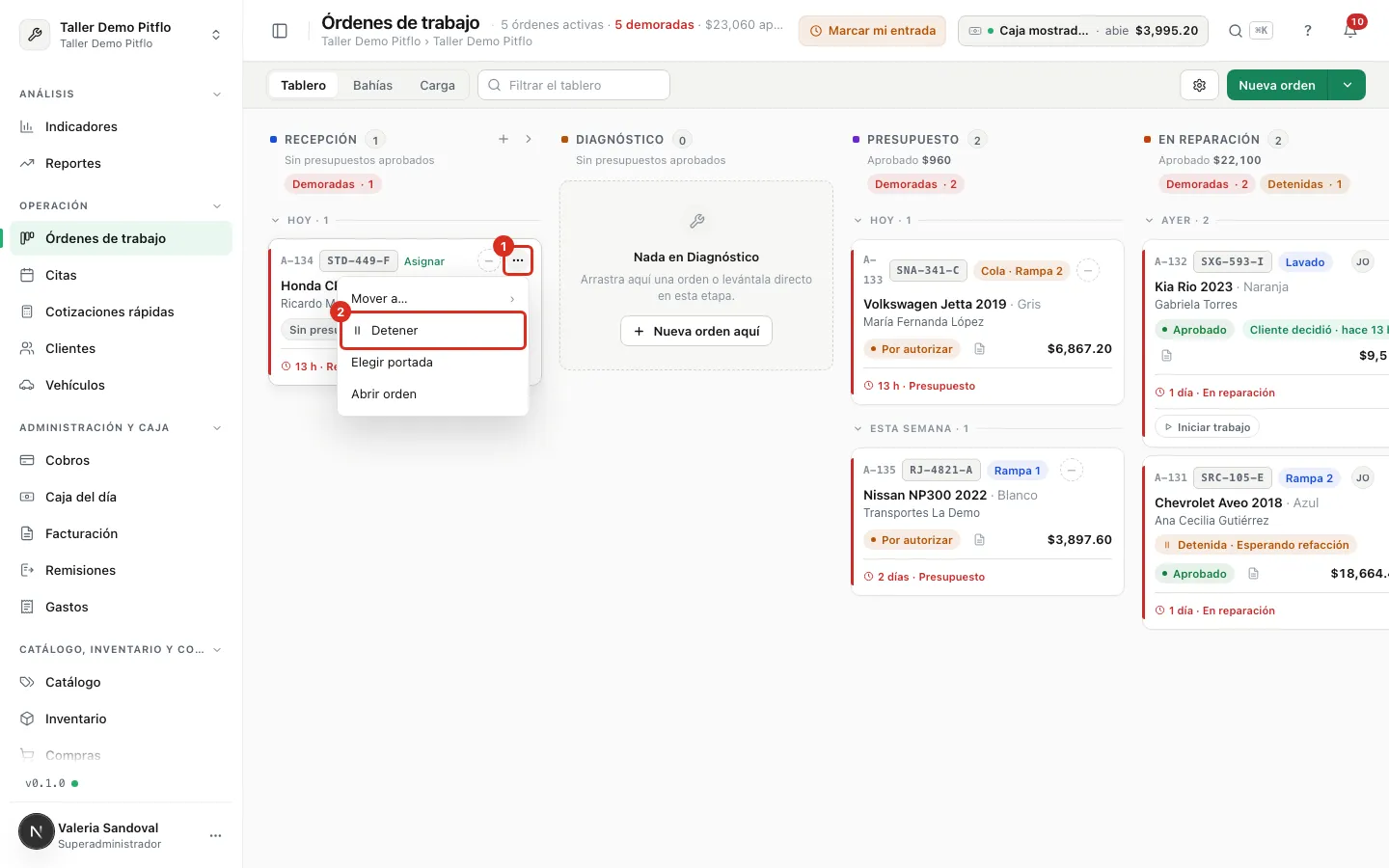 Menú de la tarjeta con la opción Detener