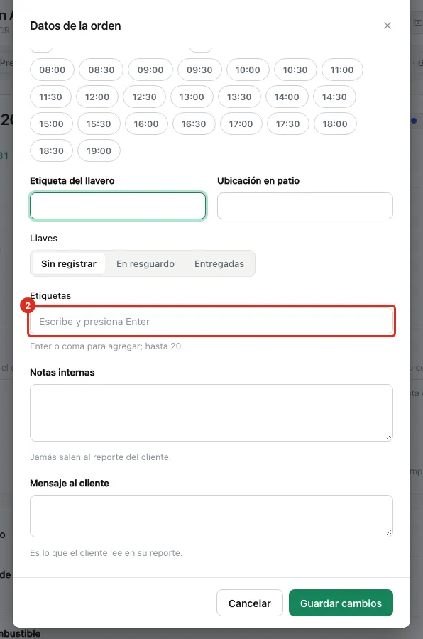 El campo Etiquetas de la orden