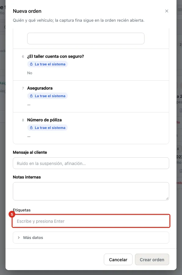 Etiquetas en el alta de la orden