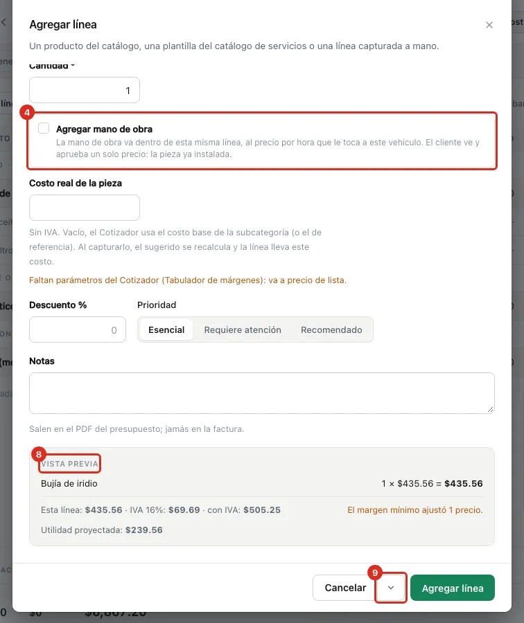 La vista previa con el precio que entra