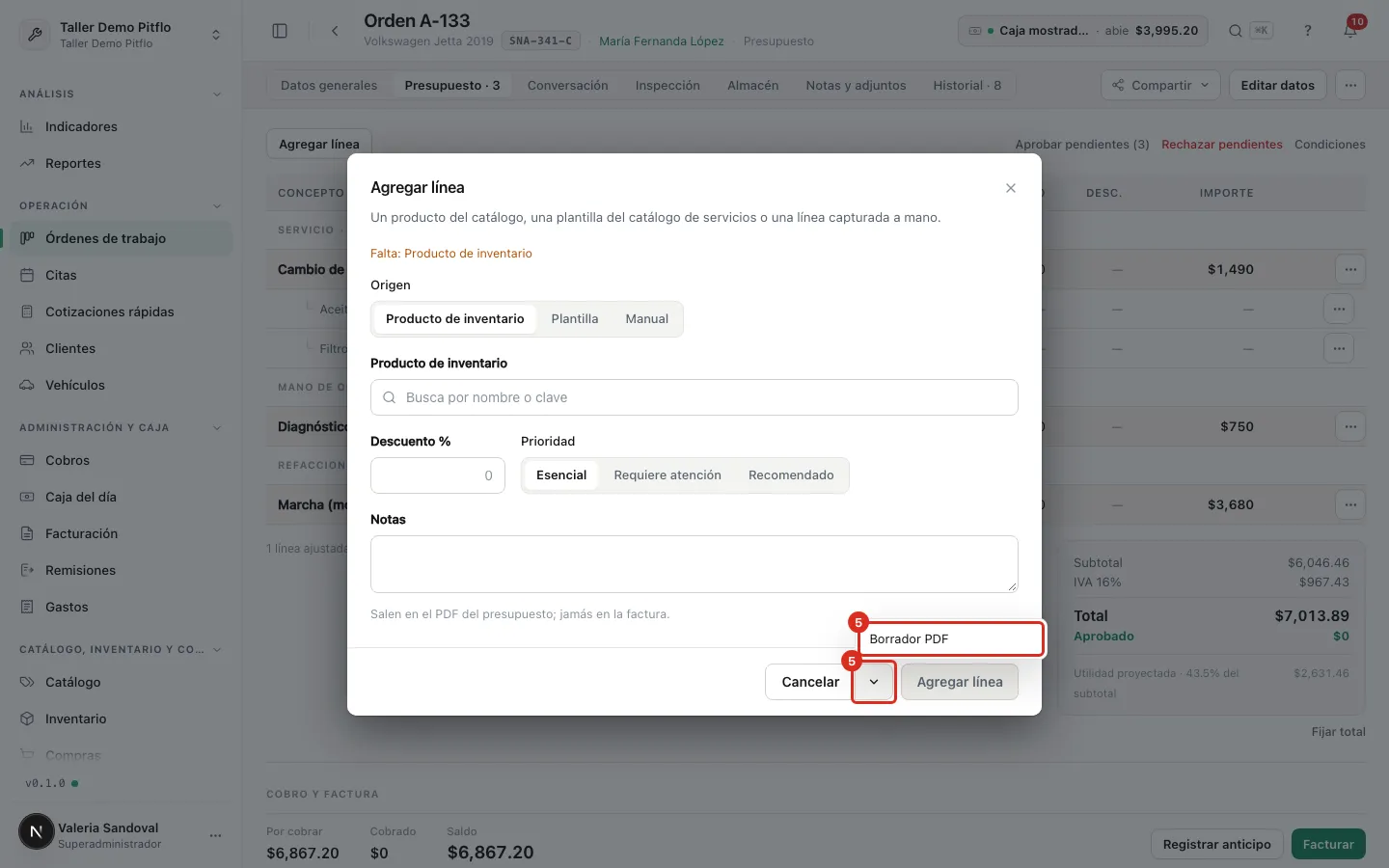 Borrador PDF en Agregar línea