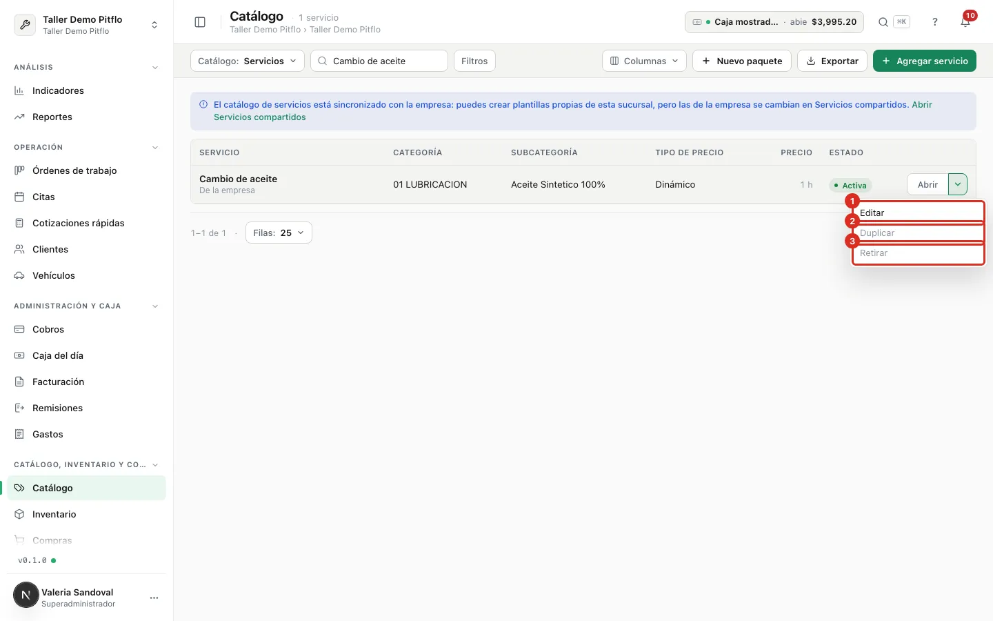 El ícono Editar y el menú del servicio
