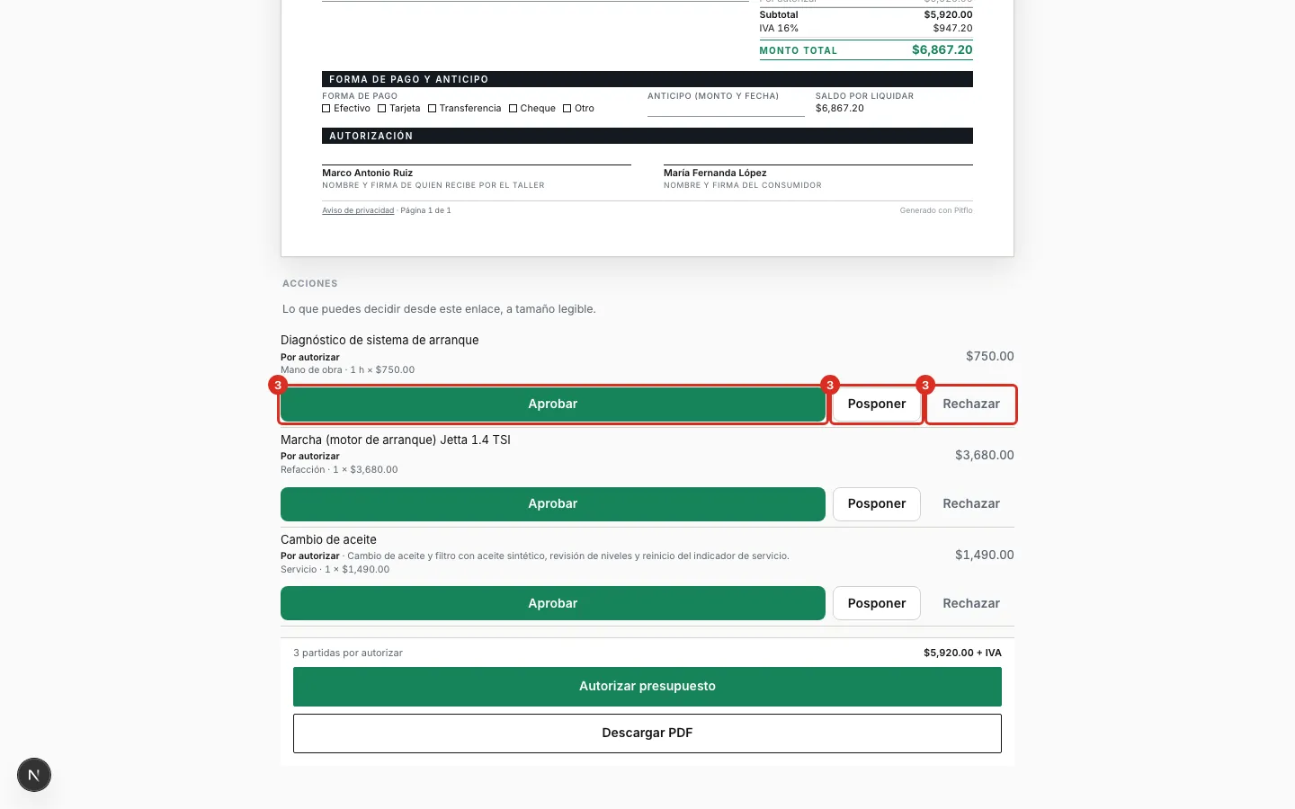 El presupuesto en el celular del cliente