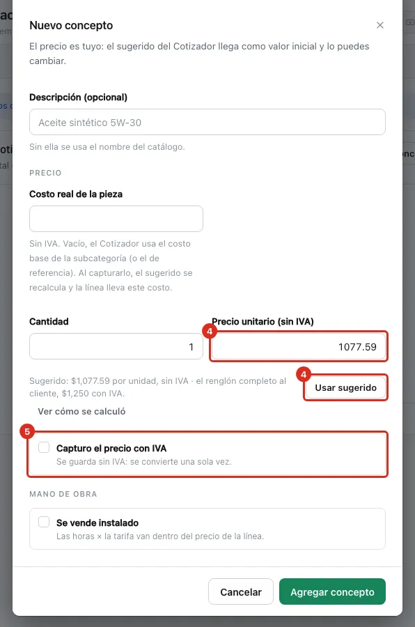 El concepto con su precio sugerido