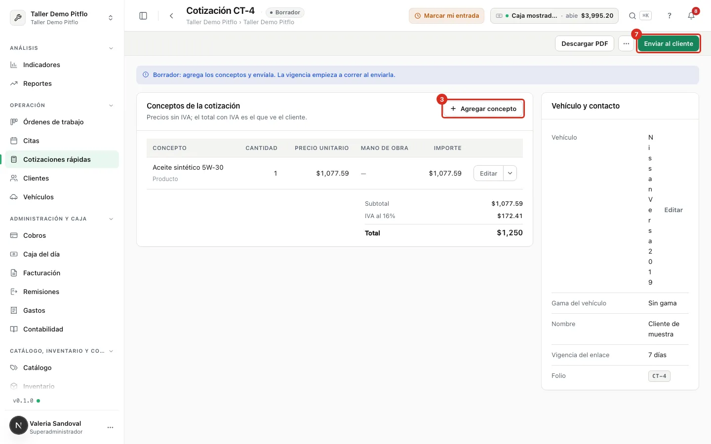 Agregar concepto y Enviar al cliente