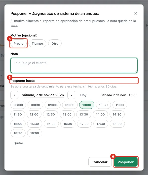 Motivo, nota y fecha al posponer