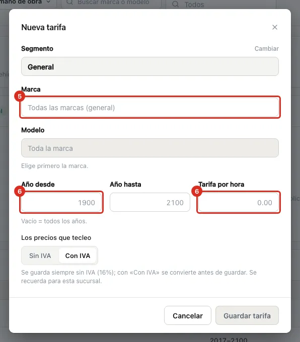 Nueva tarifa por marca, modelo y años