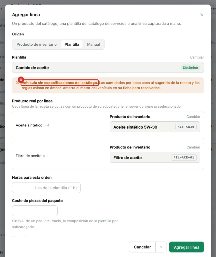 El aviso cuando falta el motor