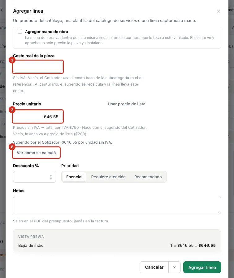 La pieza con su precio sugerido y su costo real
