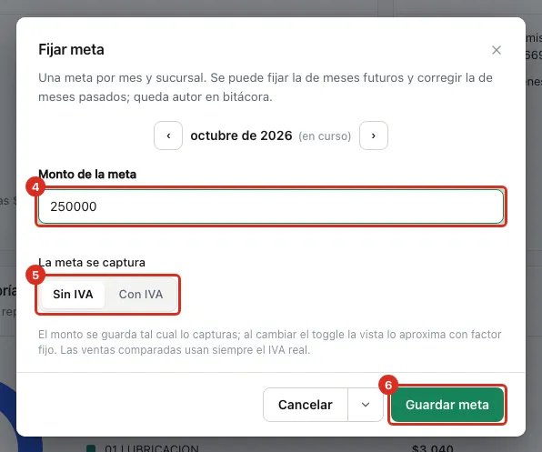 La ventana Fijar meta