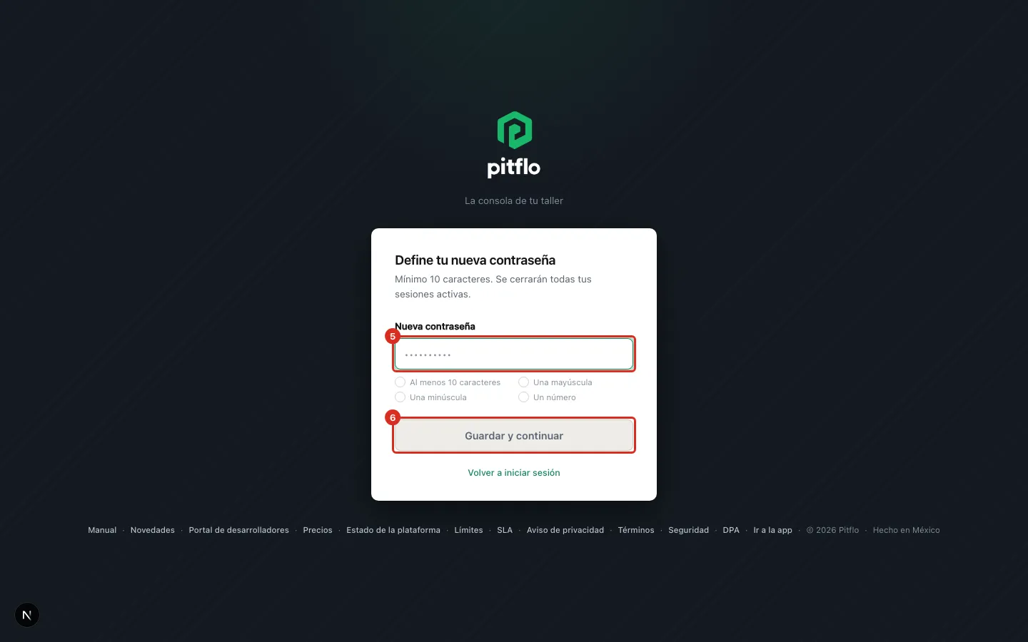 La pantalla Define tu nueva contraseña