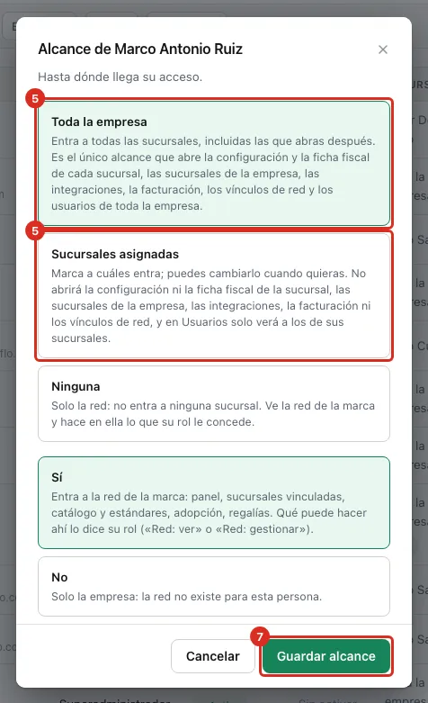 El diálogo del alcance con sus dos opciones