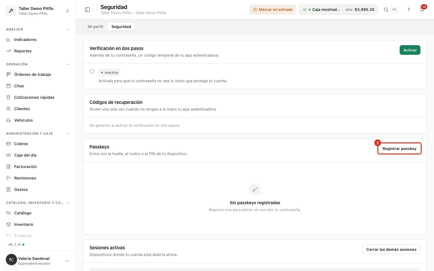 El panel Passkeys con el botón Registrar passkey