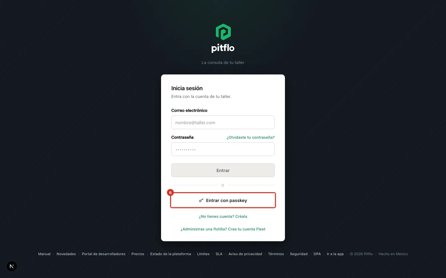 El botón Entrar con passkey en la pantalla de entrada