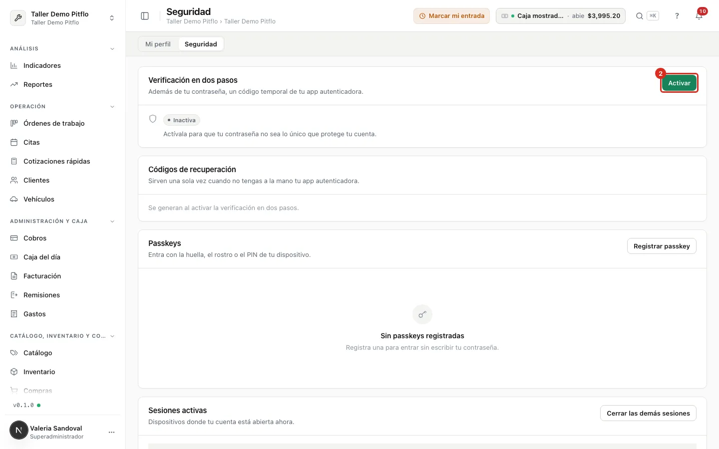 El panel Verificación en dos pasos con el botón Activar