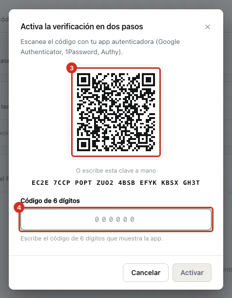 El código para escanear y el campo del código de 6 dígitos