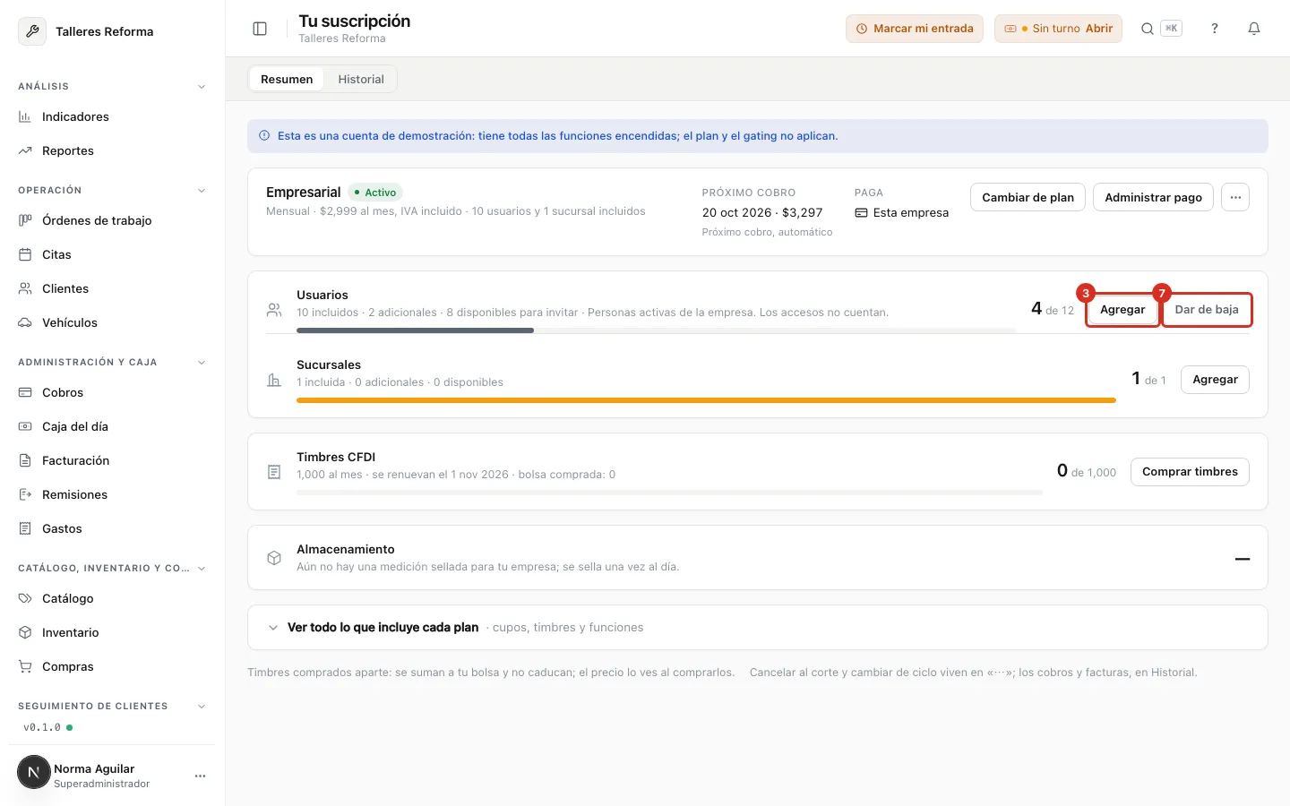 Botones Agregar y Dar de baja del renglón
