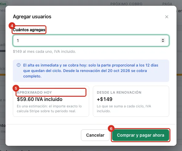 Diálogo Agregar usuarios con los dos importes