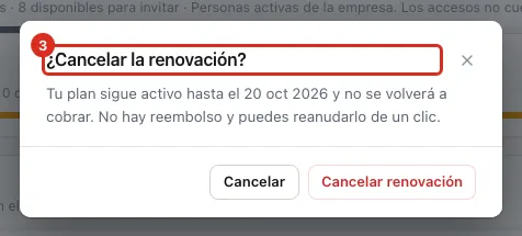 Confirmación de la cancelación con su fecha