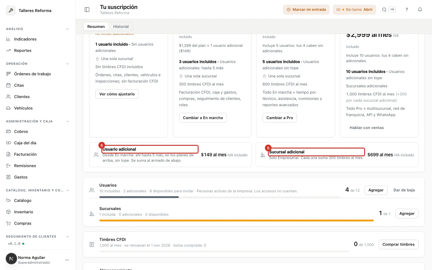 Complementos: usuario y sucursal adicionales