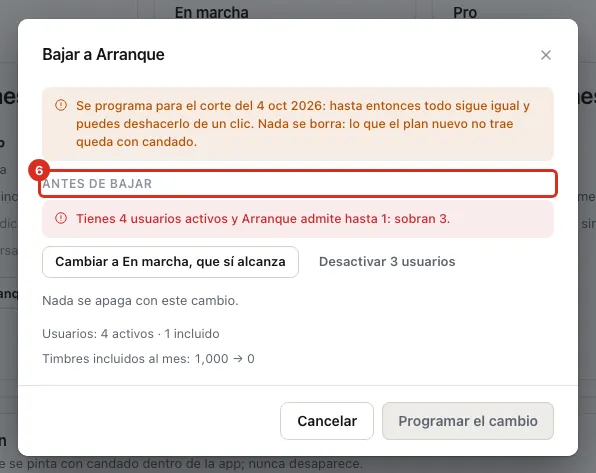 Bloque Antes de bajar dentro del armado del cambio de plan