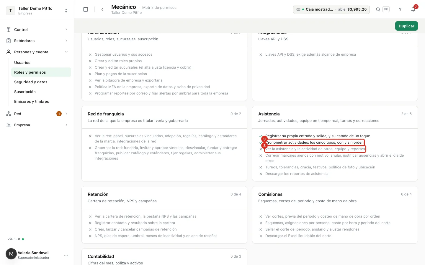 El módulo Asistencia en la matriz del Mecánico