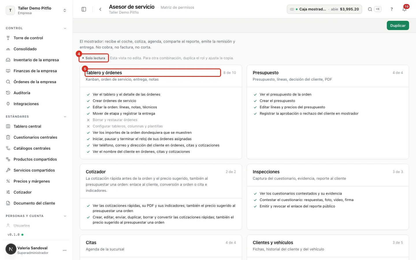 La matriz de permisos del Asesor de servicio