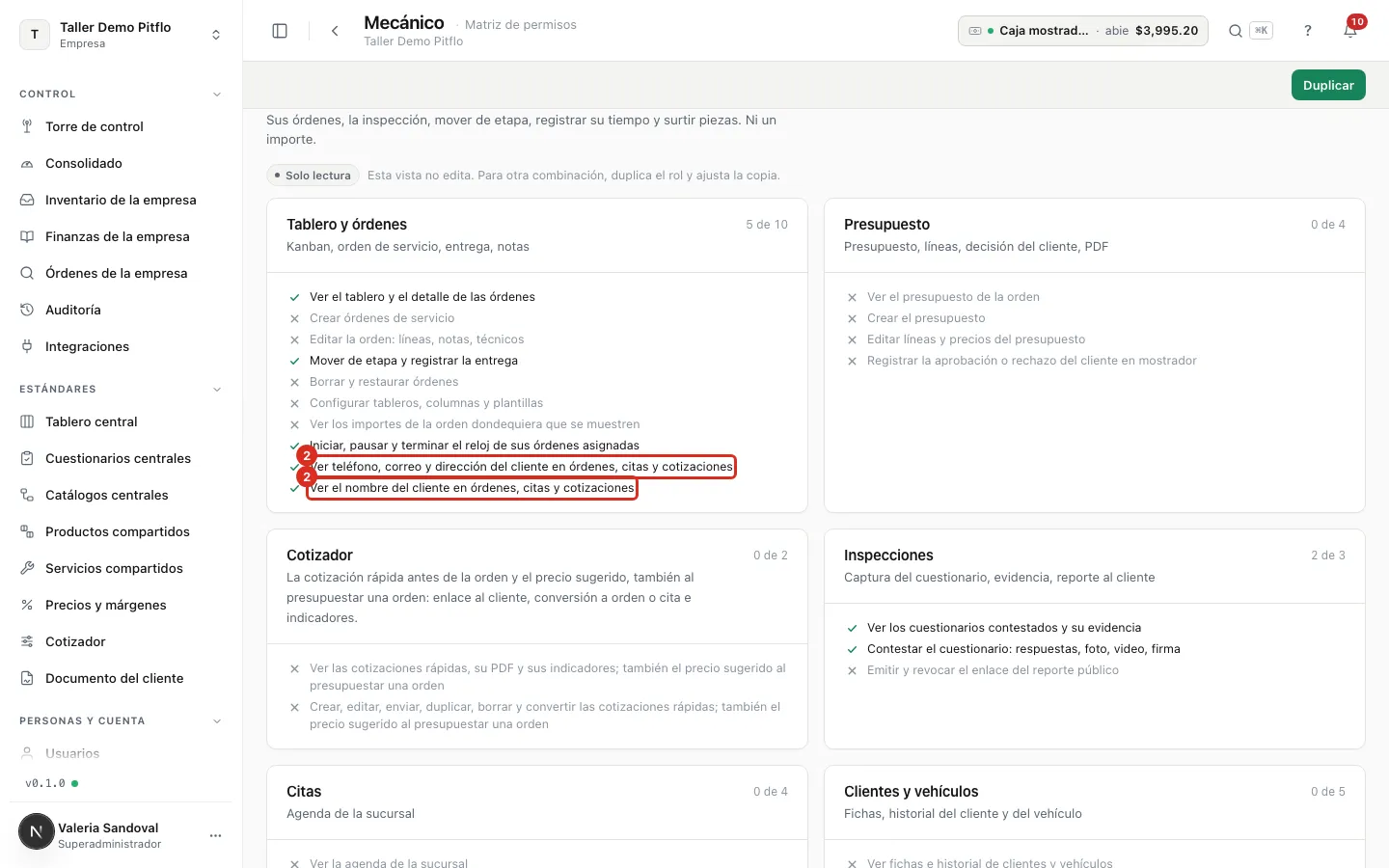 Las dos casillas del cliente en la matriz del Mecánico