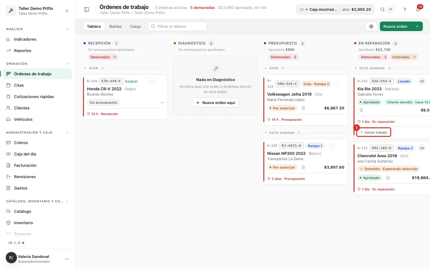 El botón Iniciar trabajo en la tarjeta de la orden