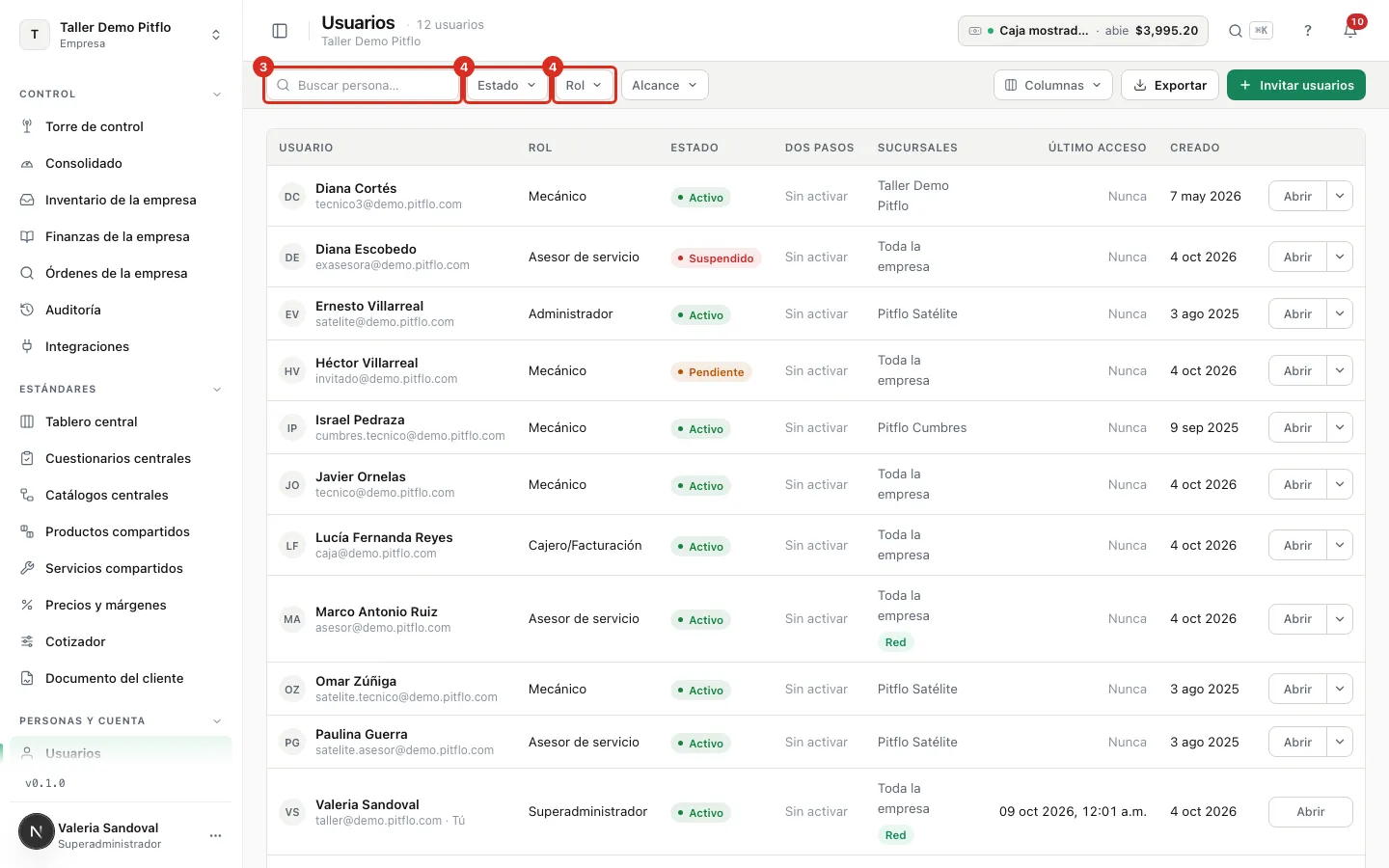La lista de usuarios con su buscador y sus filtros