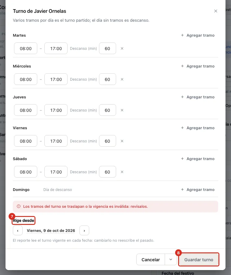 Rige desde y Guardar turno