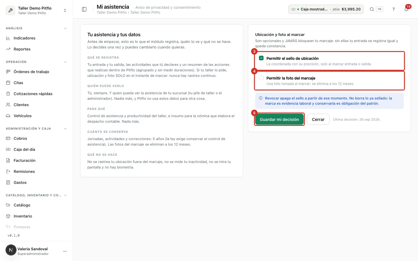 Los dos interruptores y Guardar mi decisión